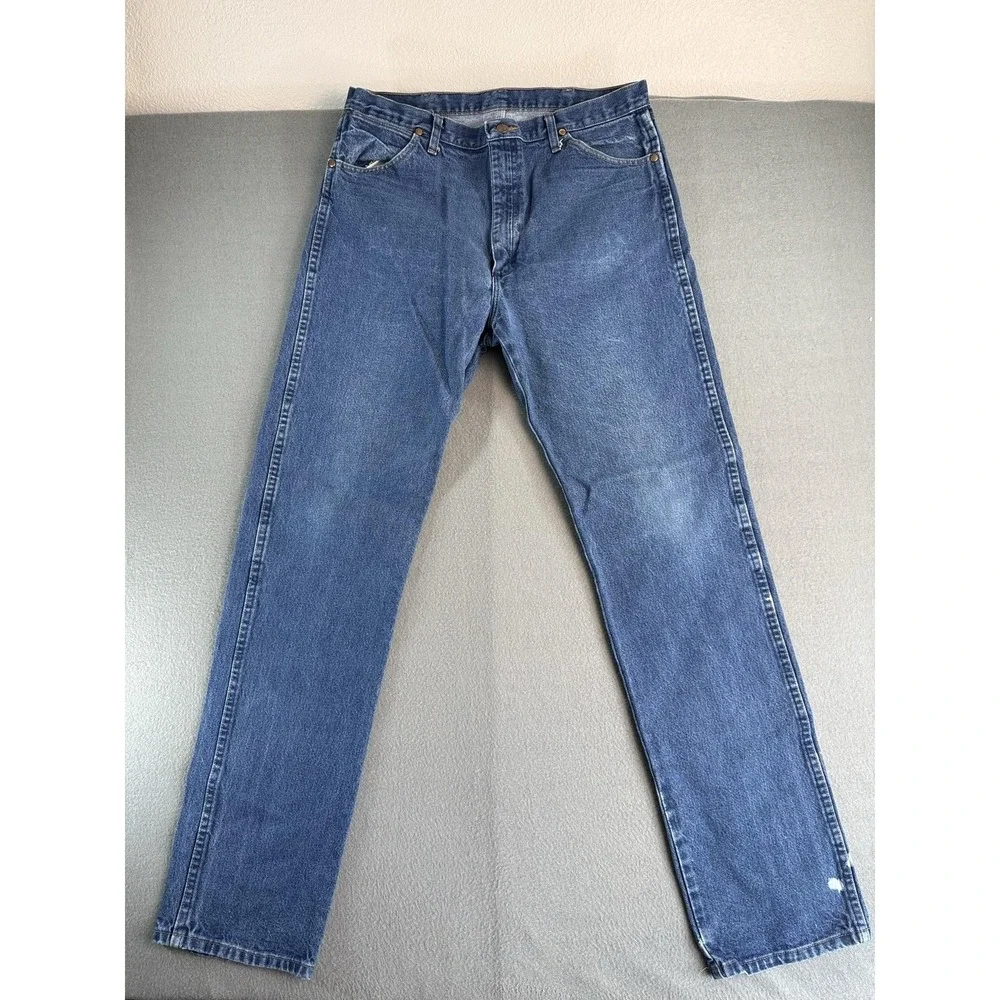 Wrangler Cowboy Cut Jeans Mens 30x36 Med Wash Blue Distressed Denim 13MWZPW